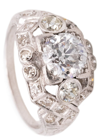 ART DECO ANTIQUE 1930'S PLATINUM ENGAGEMENT RING WITH 2.15 Ctw IN DIAMONDS