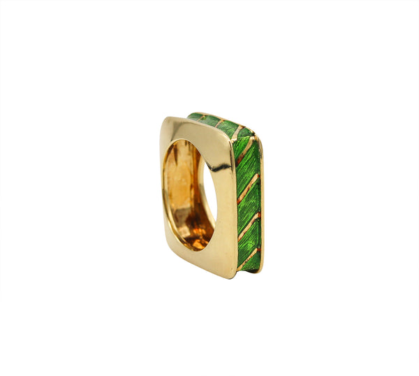 Tiffany And Co. 1970 Geometric Squared Ring In 18Kt Gold With Green Guilloche Enamel