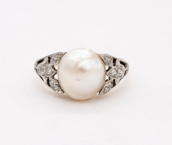 *Gia certified Edwardian 1910 platinum & 18 kt gold ring with natural pearl and diamonds