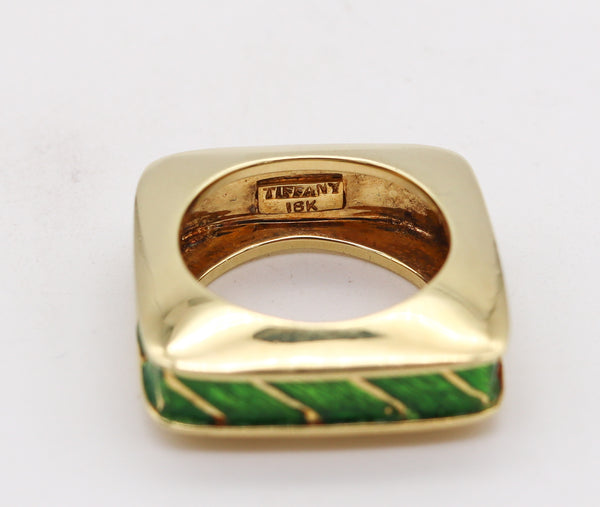 Tiffany And Co. 1970 Geometric Squared Ring In 18Kt Gold With Green Guilloche Enamel