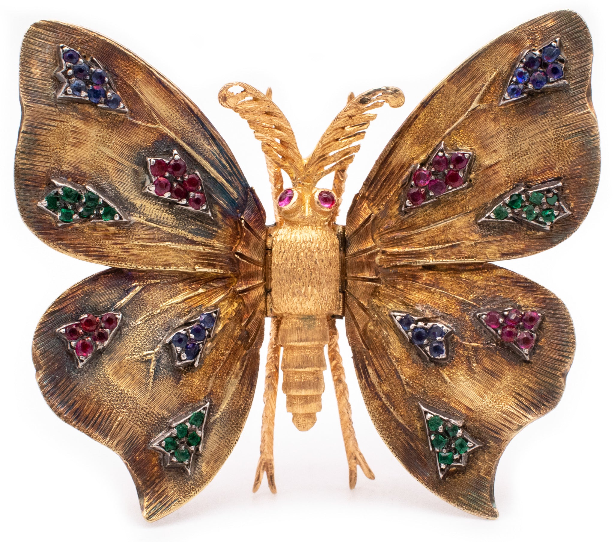 MARIO BUCCELLATI 1950 BRUSHED 18 KT GOLD BUTTERFLY BROOCH WITH 1.24 Cts GEMSTONES