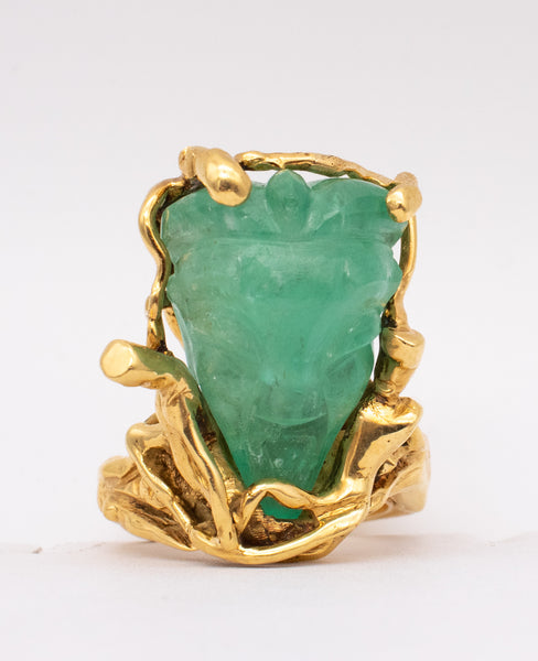 Eric de Kolb 1960 Rare Statement Ring In 18Kt Yellow Gold With 28.53 Cts Carved Colombian Emerald