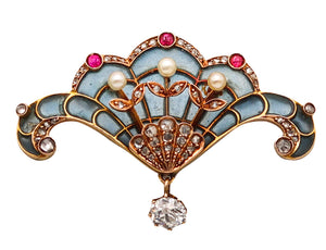 -Art Nouveau 1890 Plique à Jour Pendant Brooch In 18Kt Gold Diamonds Pearls & Rubies