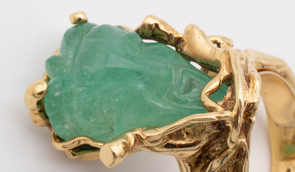 Eric de Kolb 1960 Rare Statement Ring In 18Kt Yellow Gold With 28.53 Cts Carved Colombian Emerald