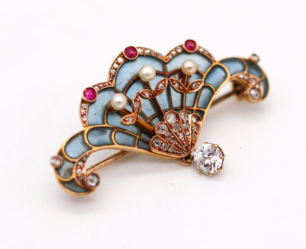 -Art Nouveau 1890 Plique à Jour Pendant Brooch In 18Kt Gold Diamonds Pearls & Rubies