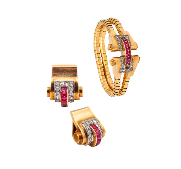 Boucheron 1937 Paris Rare Published Bracelet & Earrings Suite In 18Kt Gold With 6.88 Cts Diamonds And Rubies