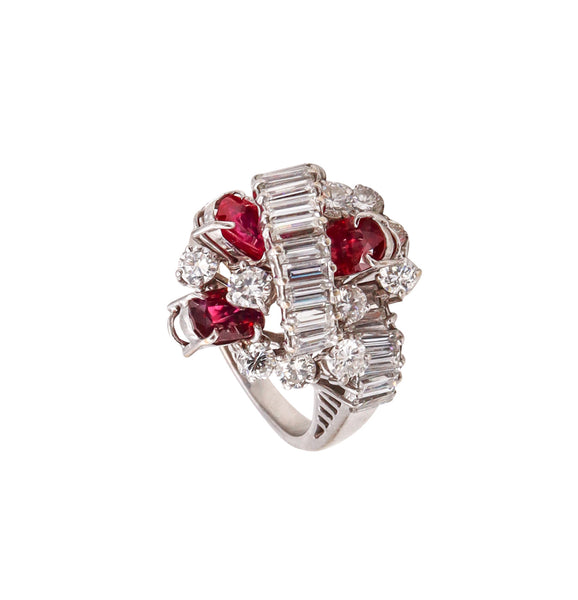 (S)Art Deco 1940 GIA Cert Cocktail Ring In 18Kt White Gold With 6.19 Cts In VS Diamonds & Rubies
