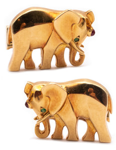 CARTIER PARIS 18 KT YELLOW GOLD ELEPHANTS CUFFLINKS WITH GEMSTONES