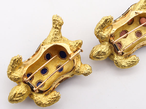 Chaumet 1960 Paris Pair Of Turtles Brooches In 18Kt Gold With 13.82 Cts Diamonds & Gems