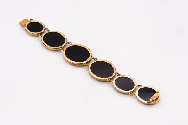 *French 1870 Roman revival grand tour bracelet in 18 kt yellow gold with micro mosaics