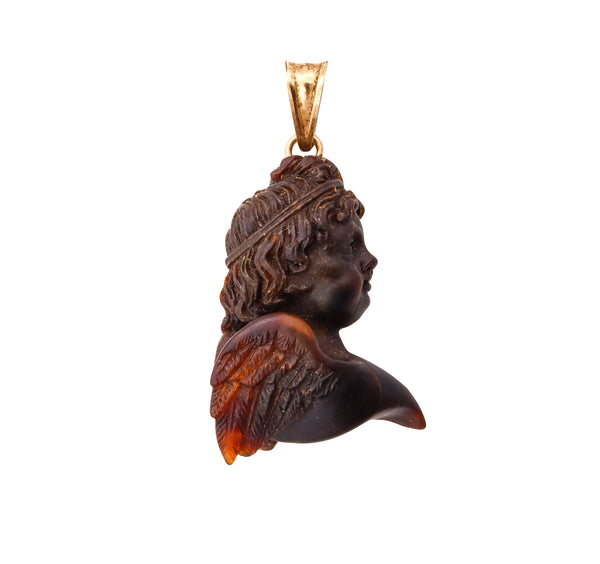 French 1790 Rare Georgian Period Pendant Of A Carved Cherub In 18Kt Yellow Gold Mounting