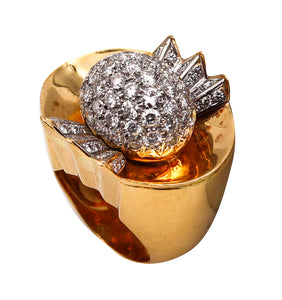 -French 1940 Art Deco Retro Cocktail Ring In 18Kt Gold And Platinum With 5.16 Ctw In Diamonds