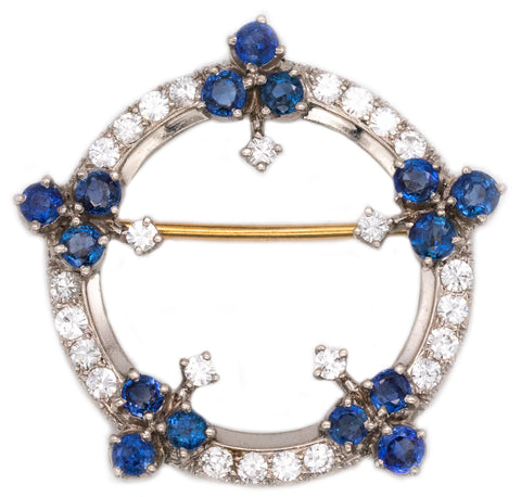 Oscar Heyman Art Deco 1940 Platinum Round Brooch 2.70 Cts In Diamonds And Sapphires