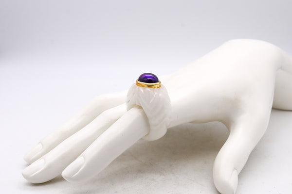 *Modern Italian cocktail ring in white Quartzite with 18 kt yellow gold and 5.15 Cts Amethyst