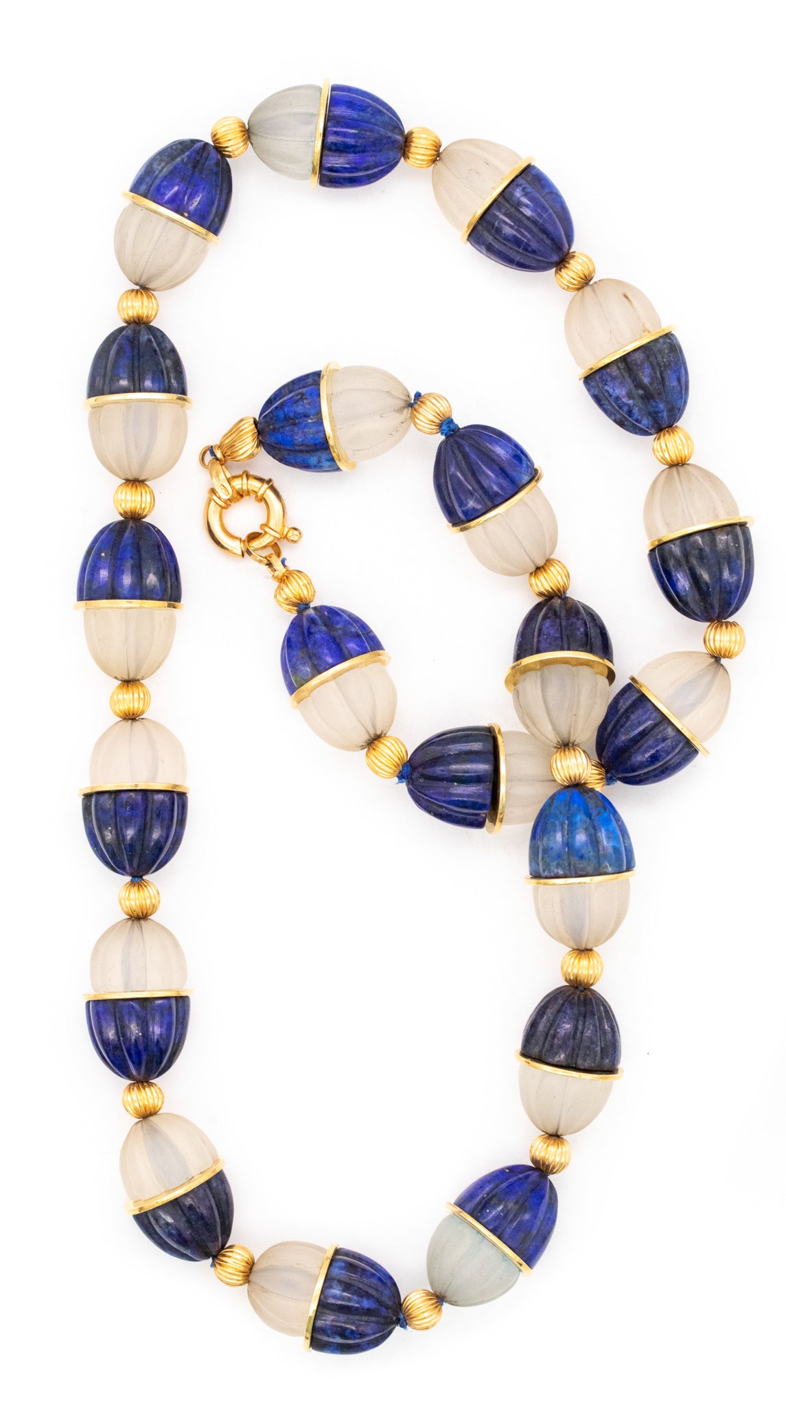 ITALIAN MODERNIST 18 KT GOLD NECKLACE WITH FLUTED ROCK QUARTZ AND LAPIS LAZULI