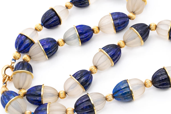 ITALIAN MODERNIST 18 KT GOLD NECKLACE WITH FLUTED ROCK QUARTZ AND LAPIS LAZULI