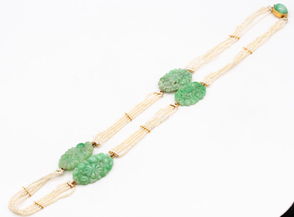 Art Deco 1920 Chinoiserie Long Sautoir In 18Kt Gold With Apple Jade And Seed Pearls