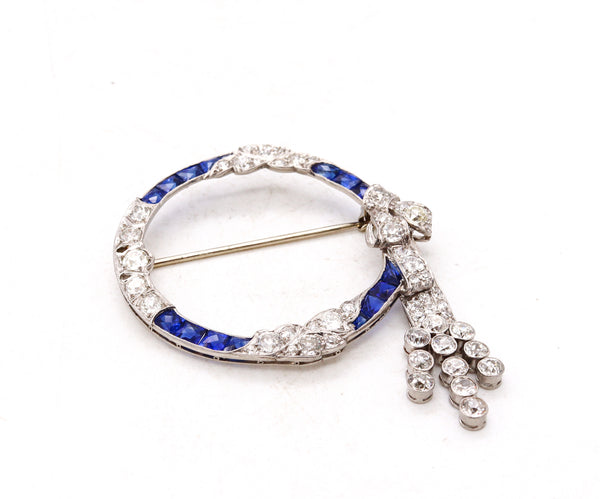 GIA Certified Art Deco 1920 Platinum Wreath Brooch With 6.94 Cts In Diamond And Pailin Sapphires