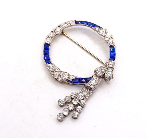 GIA Certified Art Deco 1920 Platinum Wreath Brooch With 6.94 Cts In Diamond And Pailin Sapphires