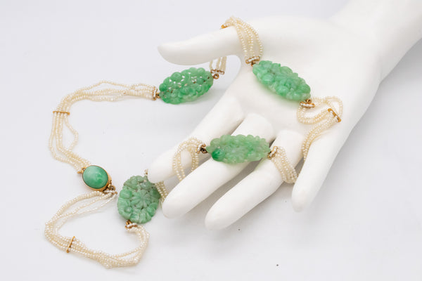 Art Deco 1920 Chinoiserie Long Sautoir In 18Kt Gold With Apple Jade And Seed Pearls