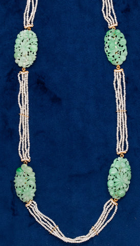 Art Deco 1920 Chinoiserie Long Sautoir In 18Kt Gold With Apple Jade And Seed Pearls