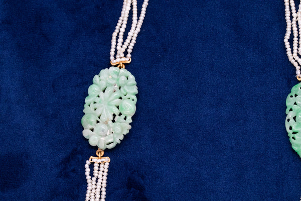 Art Deco 1920 Chinoiserie Long Sautoir In 18Kt Gold With Apple Jade And Seed Pearls