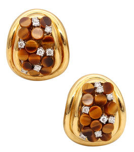 Ivan Co Retro Modernist Earrings In 18Kt Yellow Gold With Diamonds And Tiger Quartz