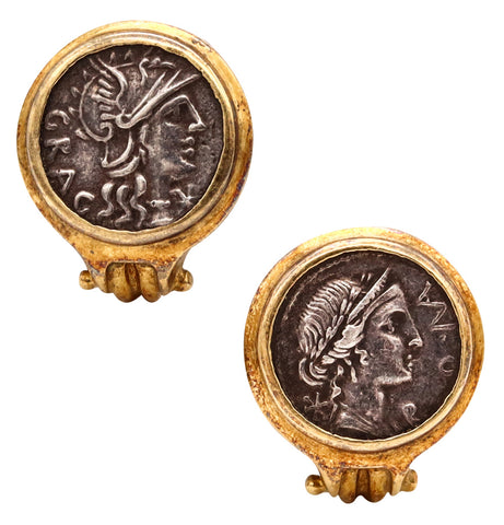 Ancient Roman Coin Earrings In 18Kt Yellow Gold With 136 114 BC Silver Denarius