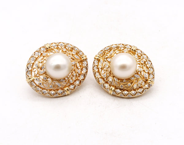 Italian Cocktail Cluster Earrings In 18Kt Gold With 14 MM South Seas Pearls And 1.40 Cts Diamonds