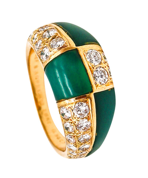 -Van Cleef Arpels 1973 Geometric Chrysoprase Ring In 18Kt Gold With 1.45 Ctw In Diamonds