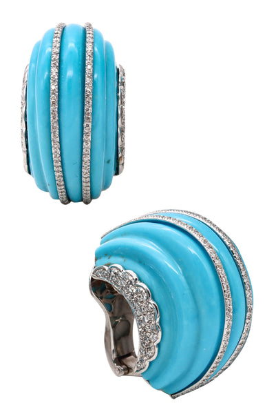 Fred Leighton New York Platinum Fluted Clips-Earrings With 2.72 Cts In Diamonds And Turquoises