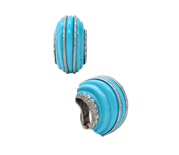 Fred Leighton New York Platinum Fluted Clips-Earrings With 2.72 Cts In Diamonds And Turquoises