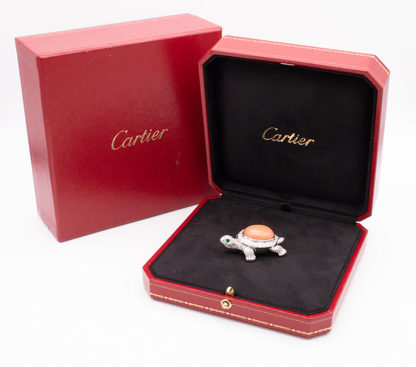 CARTIER PARIS 18 KT GOLD TURTLE BROOCH WITH 21.66 Ctw OF VS DIAMONDS, EMERALDS & CORAL