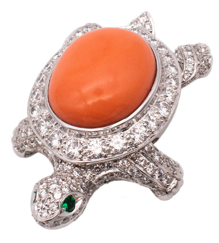 CARTIER PARIS 18 KT GOLD TURTLE BROOCH WITH 21.66 Ctw OF VS DIAMONDS, EMERALDS & CORAL