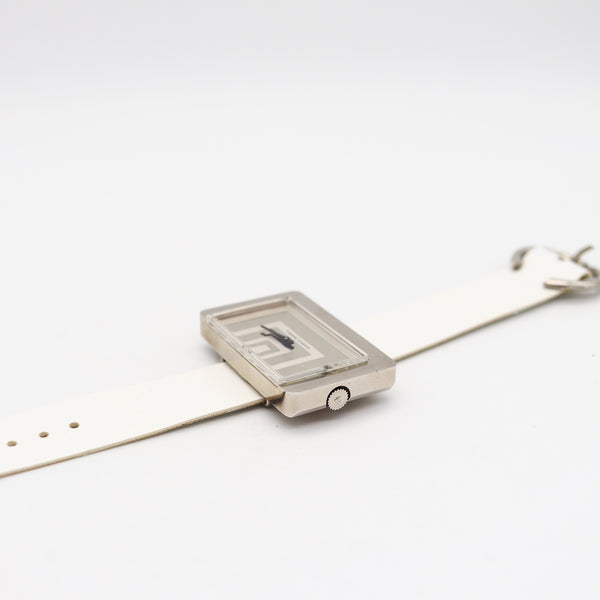 -Pierre Cardin 1971 By Jaeger LeCoultre PC116 Geometric Wrist Watch In Stainless & Leather