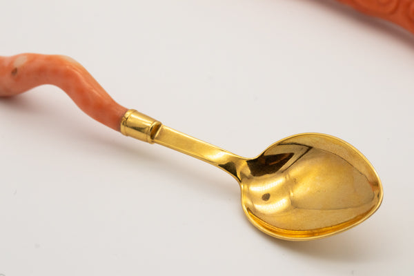 CAVIAR 18 KT YELLOW GOLD SUITE OF SPOON AND FORK WITH CORAL CARVINGS