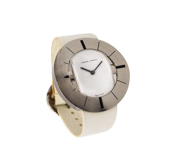 -Pierre Cardin 1971 By Jaeger LeCoultre PC102 Retro Round Wrist Watch In Stainless And Leather