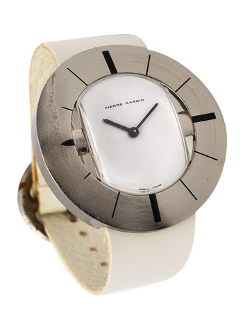 -Pierre Cardin 1971 By Jaeger LeCoultre PC102 Retro Round Wrist Watch In Stainless And Leather