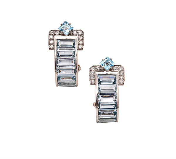 Fratelli Piccini Firenze Convertible Clips Earrings In Platinum With 17.84 Cts In Aquamarine & Diamonds