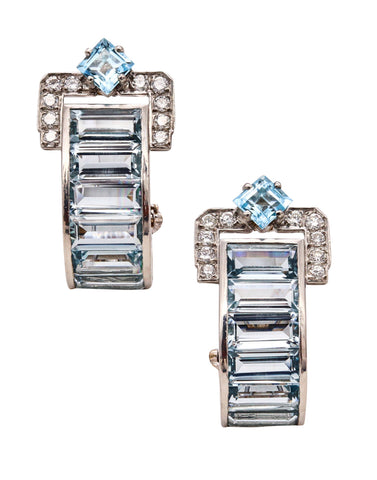 Fratelli Piccini Firenze Convertible Clips Earrings In Platinum With 17.84 Cts In Aquamarine & Diamonds