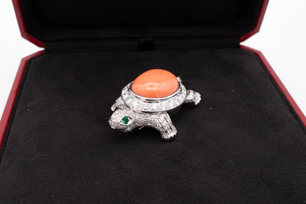 CARTIER PARIS 18 KT GOLD TURTLE BROOCH WITH 21.66 Ctw OF VS DIAMONDS, EMERALDS & CORAL