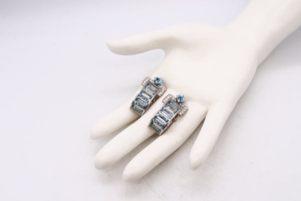 Fratelli Piccini Firenze Convertible Clips Earrings In Platinum With 17.84 Cts In Aquamarine & Diamonds
