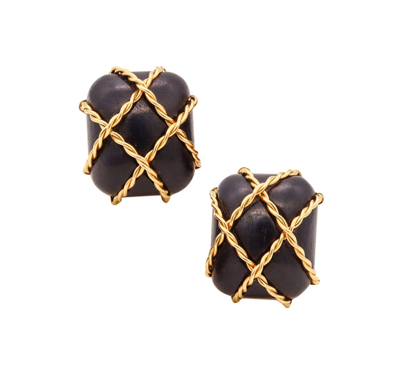 Seaman Schepps Oversized Ear Clips In 18Kt Yellow Gold With Carvings Of Dark Ebony Wood