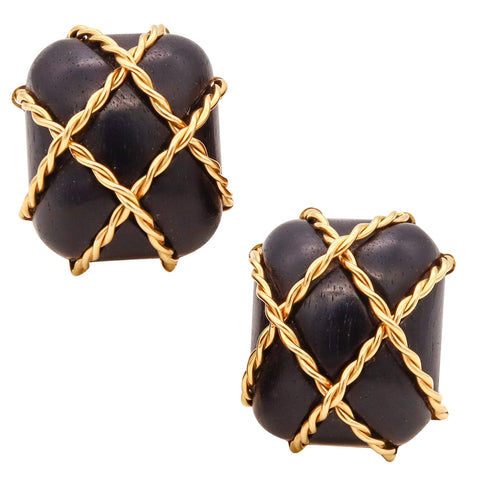 Seaman Schepps Oversized Ear Clips In 18Kt Yellow Gold With Carvings Of Dark Ebony Wood