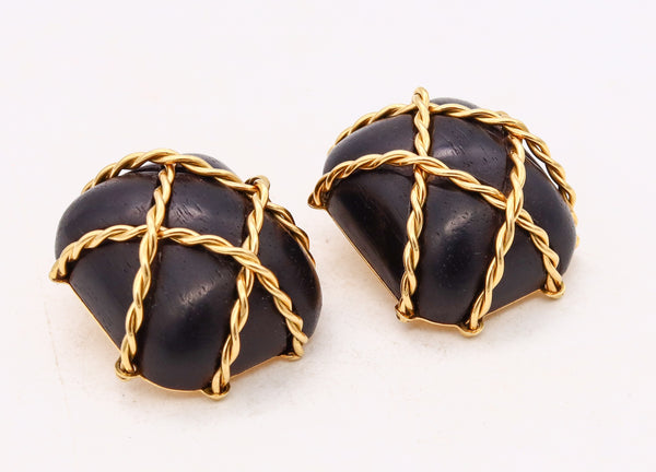 Seaman Schepps Oversized Ear Clips In 18Kt Yellow Gold With Carvings Of Dark Ebony Wood
