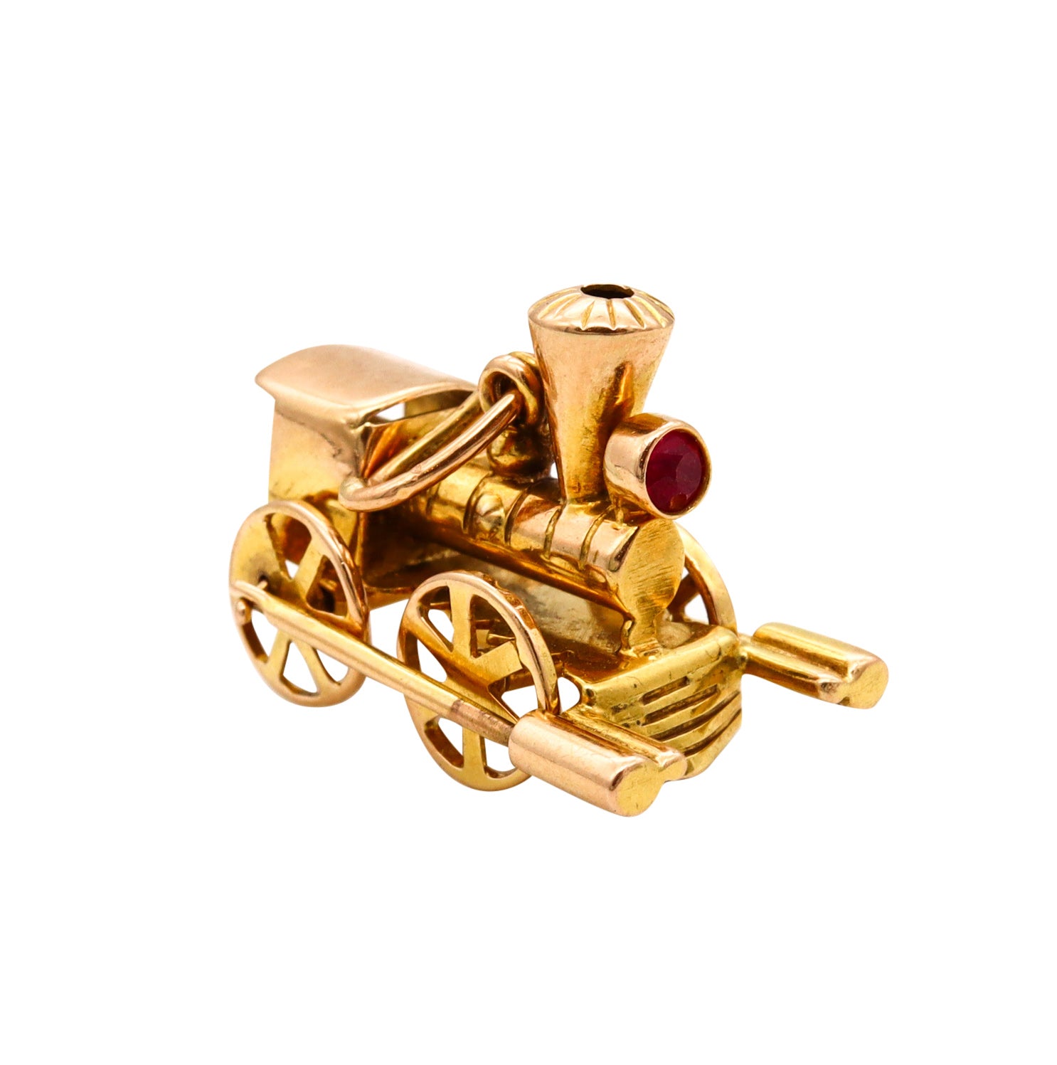-Vintage Locomotive Train Charm Pendant With Movable Mechanical Parts In Solid 18Kt Yellow Gold With Ruby