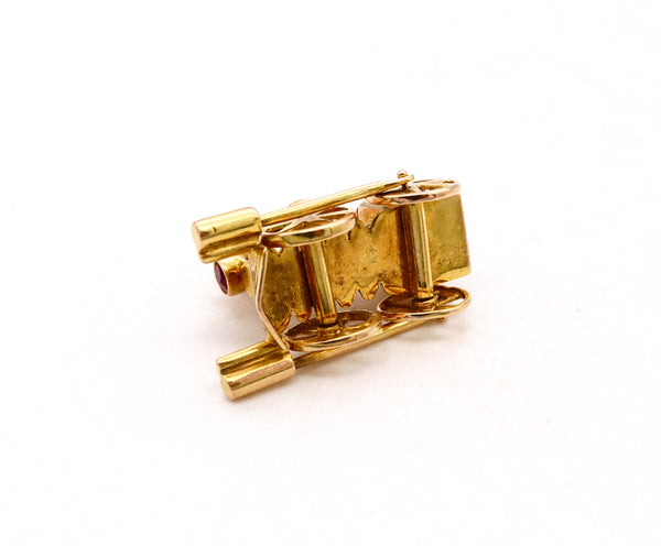 -Vintage Locomotive Train Charm Pendant With Movable Mechanical Parts In Solid 18Kt Yellow Gold With Ruby