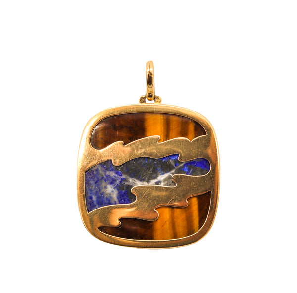 Bvlgari Roma 1970 Rare Abstract Modernist Necklace Pendant In 18Kt Gold With Sodalite And Tiger Eye Quartz