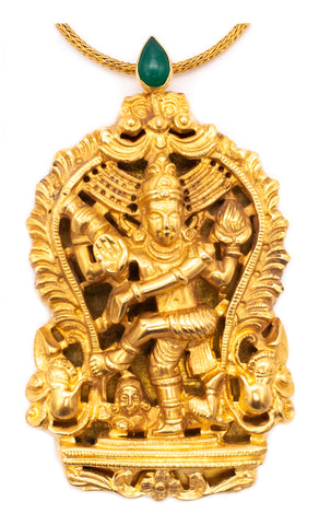 SHIVA DANCING GOD 18 KT YELLOW GOLD ANTIQUE TEMPLE PENDANT WITH NECKLACE