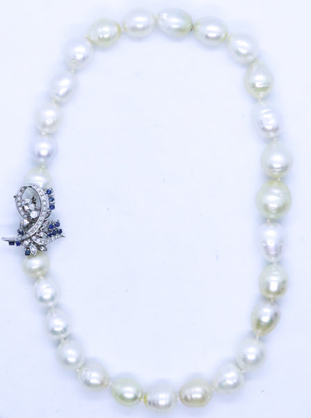 RETRO BAROQUE PEARLS NECKLACE WITH 2.91 Cts OF SAPPHIRES & DIAMONDS